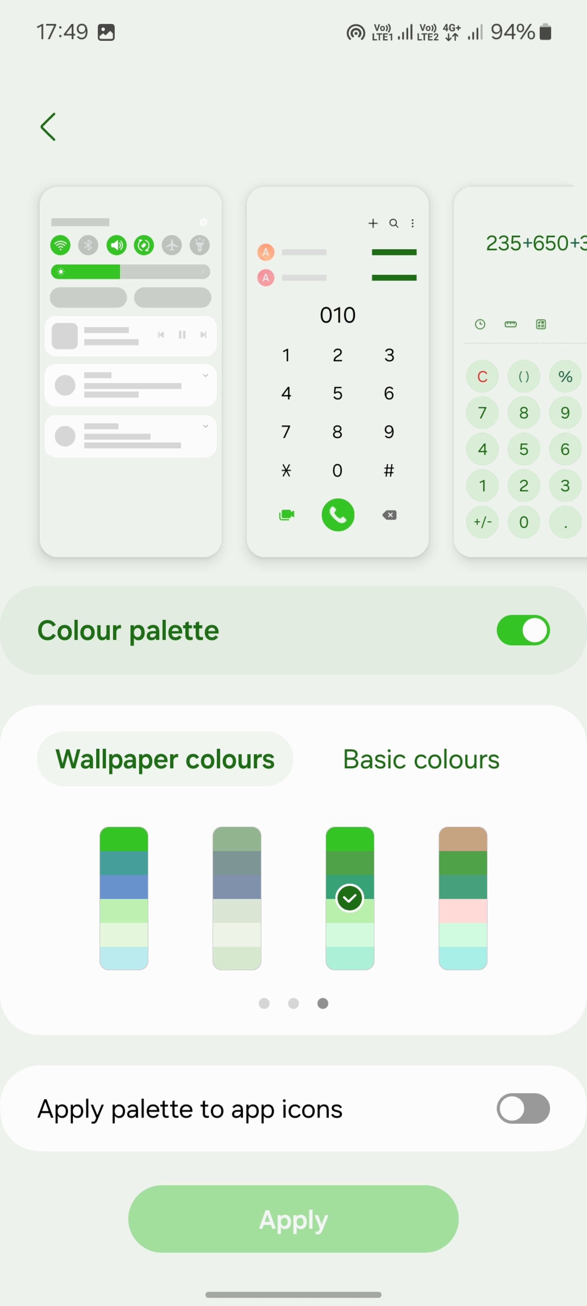 Colour palette گوشی سامسونگ
