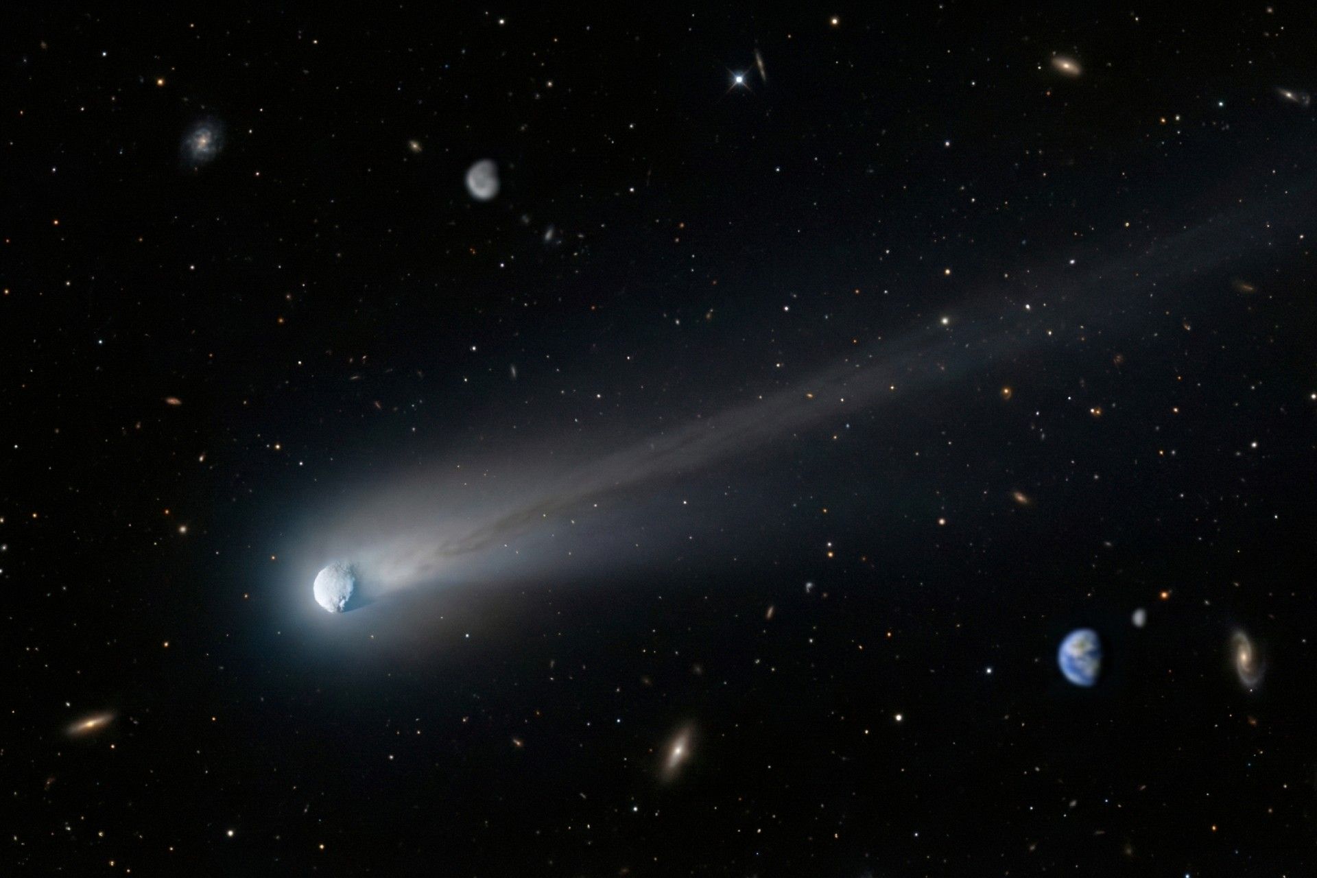 تصویرسازی دنباله‌دار 3I/ATLAS به همراه دم کم‌نورش، در حالی که در تاریکی فضا حرکت می‌کند.