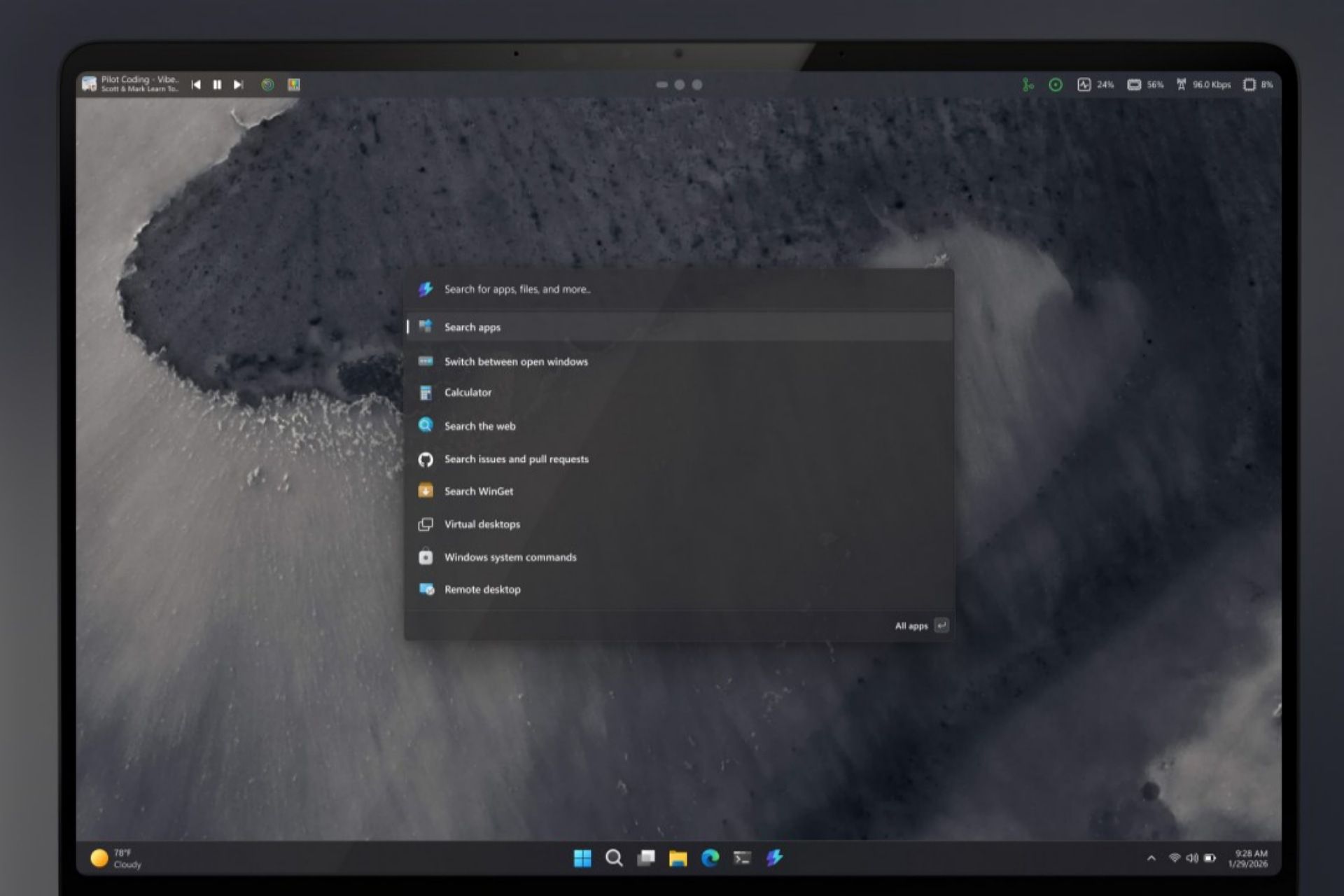 تصویر مفهومی نوار منوی Command Palette Dock با تم مشکی