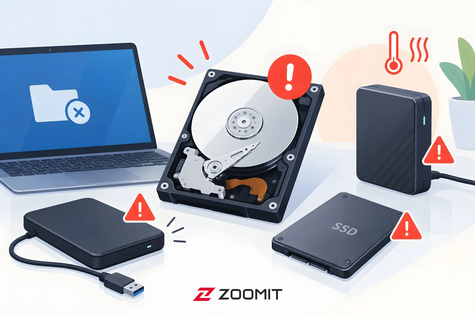قطعات داخلی هارد دیسک و حافظه‌های SSD و HDD با علامت‌های هشدار خرابی
