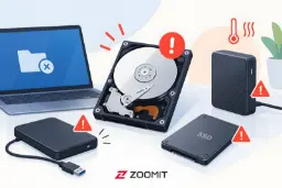 قطعات داخلی هارد دیسک و حافظه‌های SSD و HDD با علامت‌های هشدار خرابی
