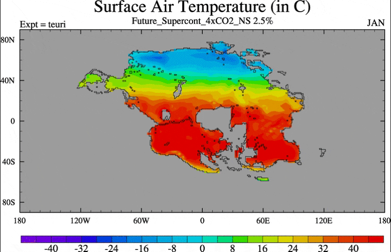 مدل کامپیوتری از دمای سطحی زمین در ابرقاره پانگه‌آ اولتیما