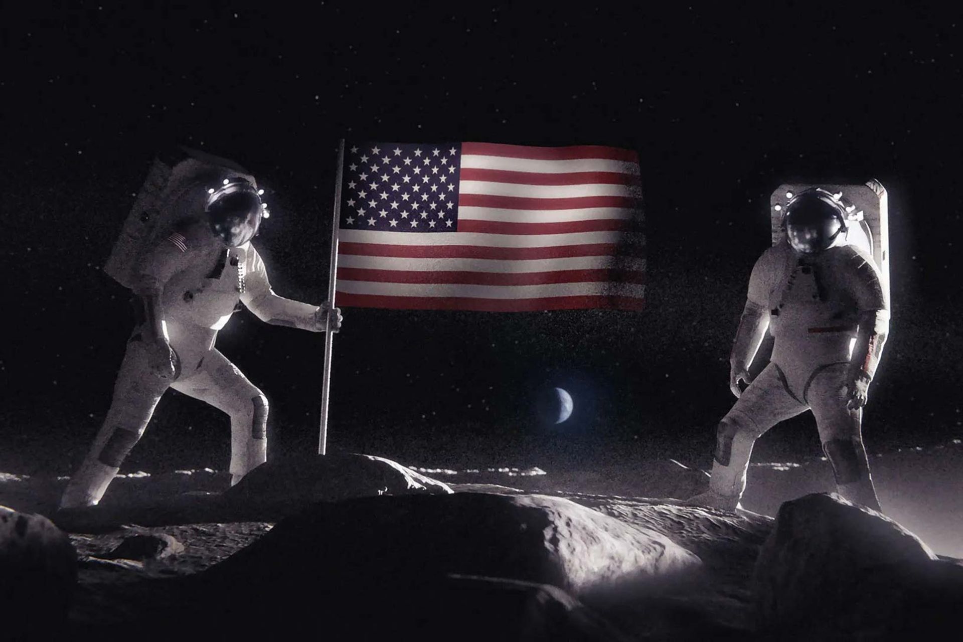 تصویرسازی از فضانوردان درحال کاشتن پرچم آمریکا روی سطح ماه