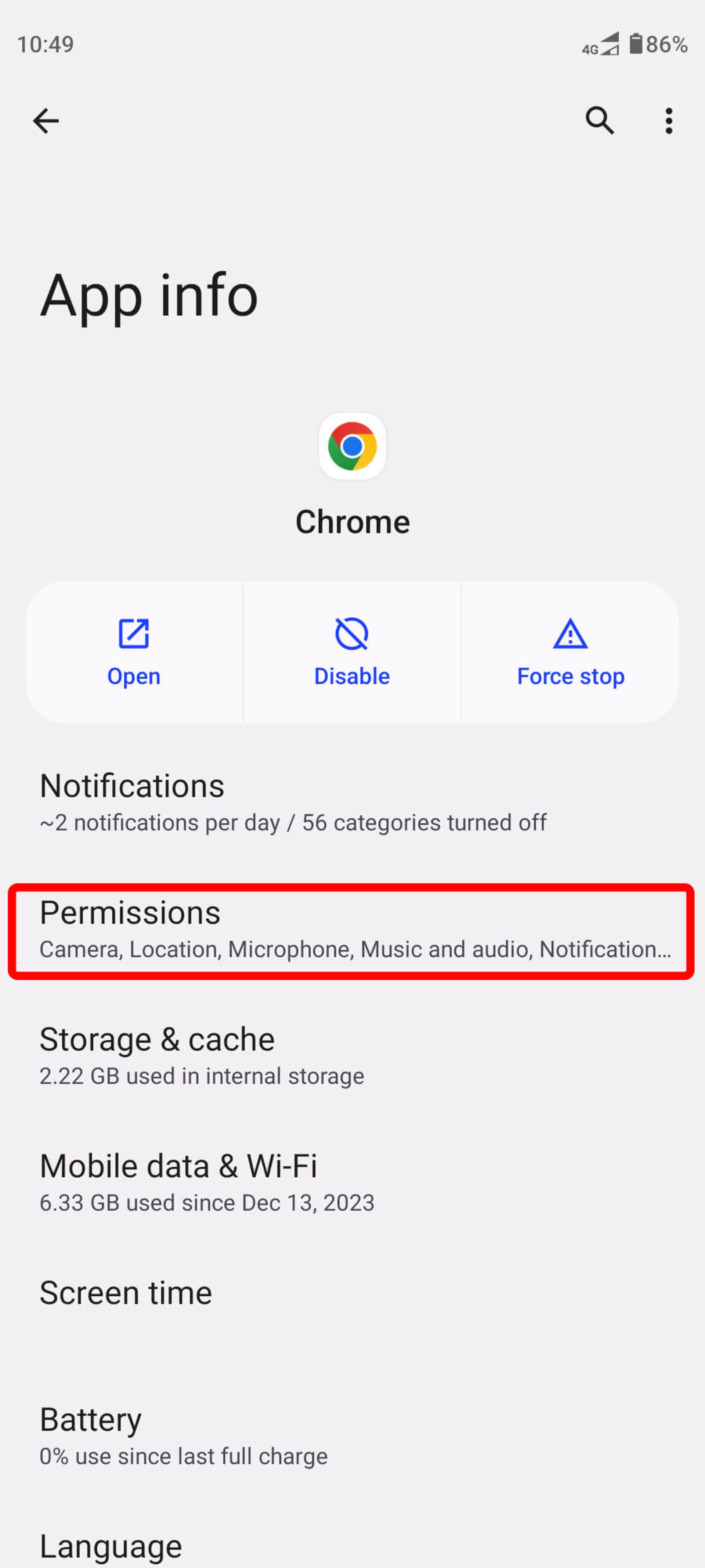 انتخاب Permissions در گوگل کروم اندروید