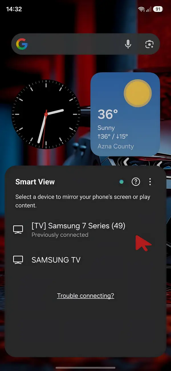منوی Smart View در گوشی سامسونگ برای نمایش صفحه روی تلویزیون