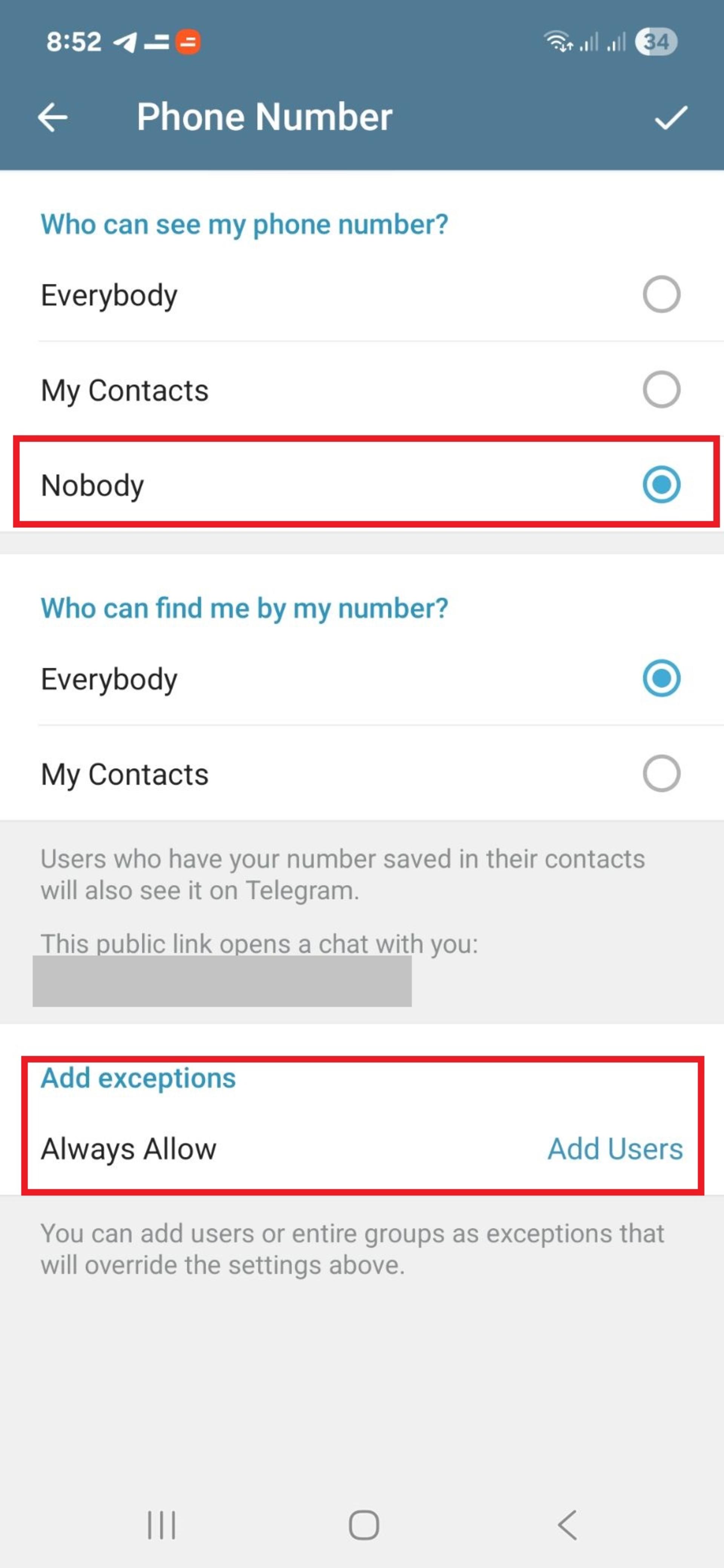 تنظیمات مخاطبین تلگرام