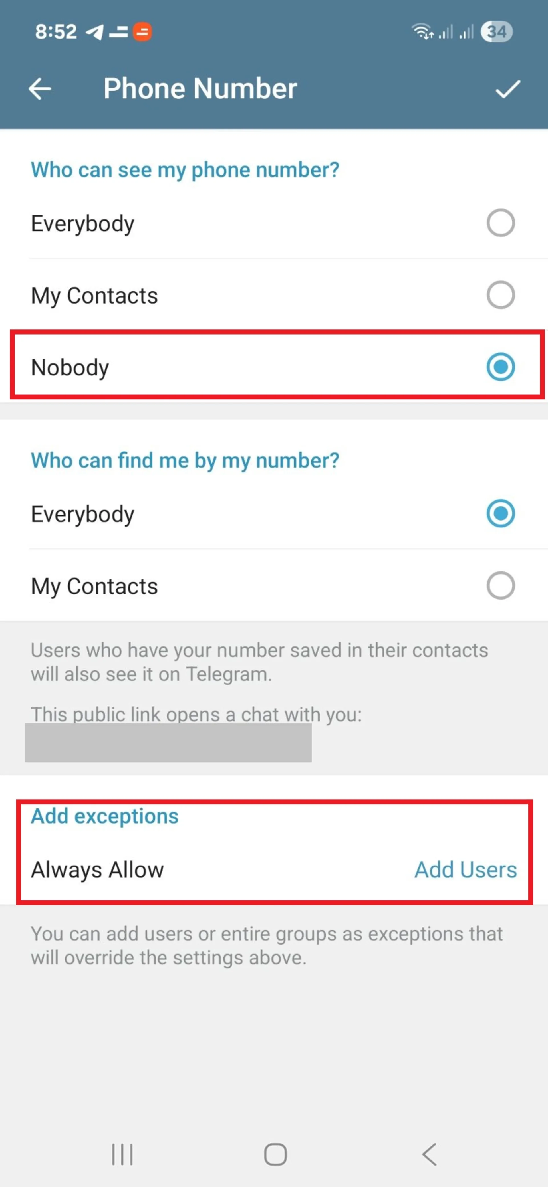 تنظیمات مخاطبین تلگرام