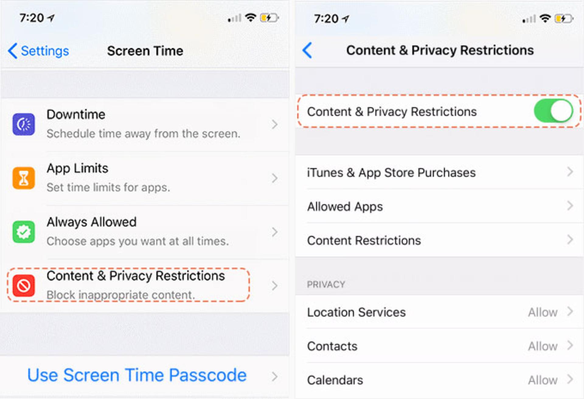 خاموش کردن Content & Privacy Restrictions