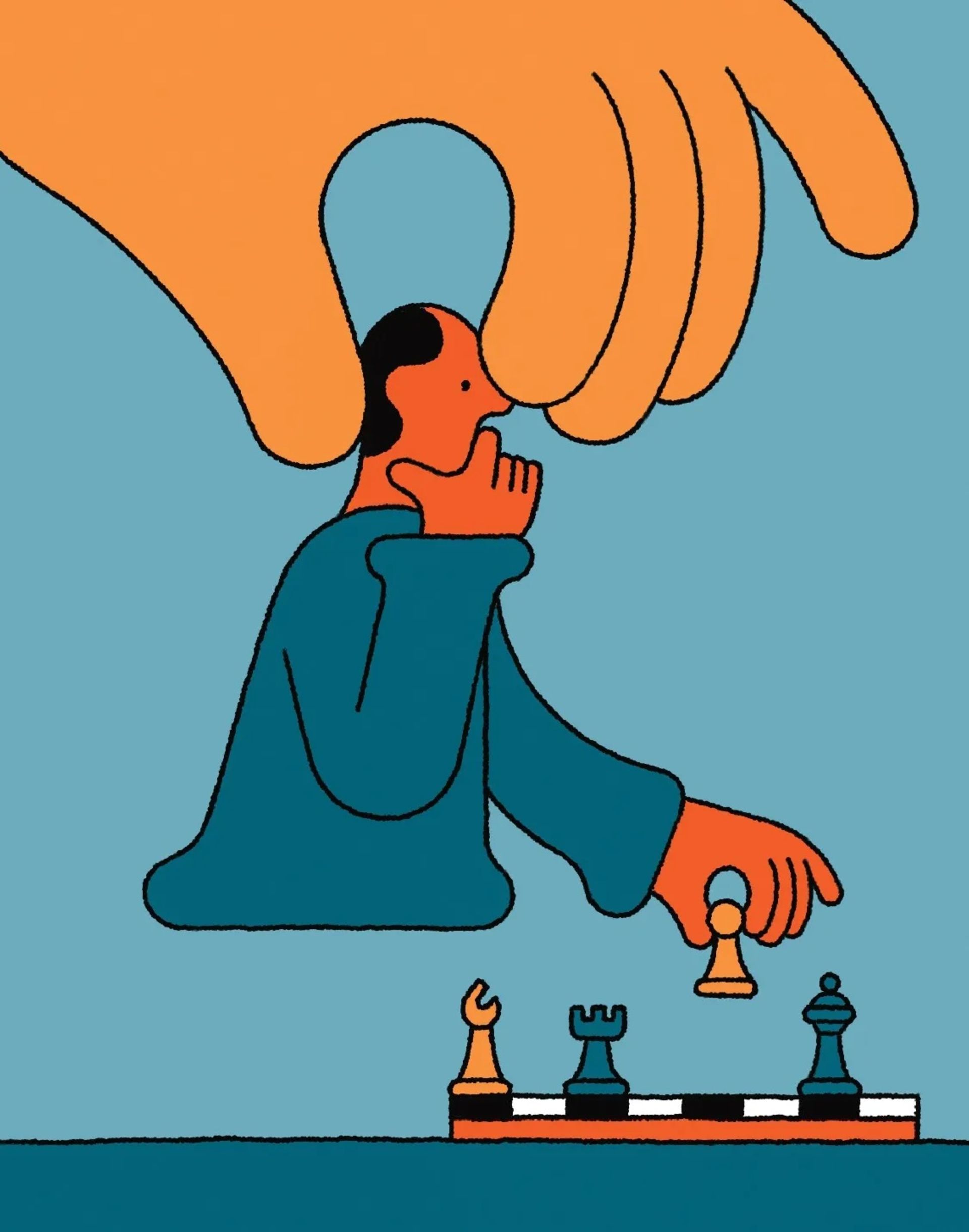 نقاشی سورئالیستی از دست بزرگی که فردی را از سر گرفته و فرد، مهره‌ی شطرنجی در دست دارد، نمادی از اختیار و جبر