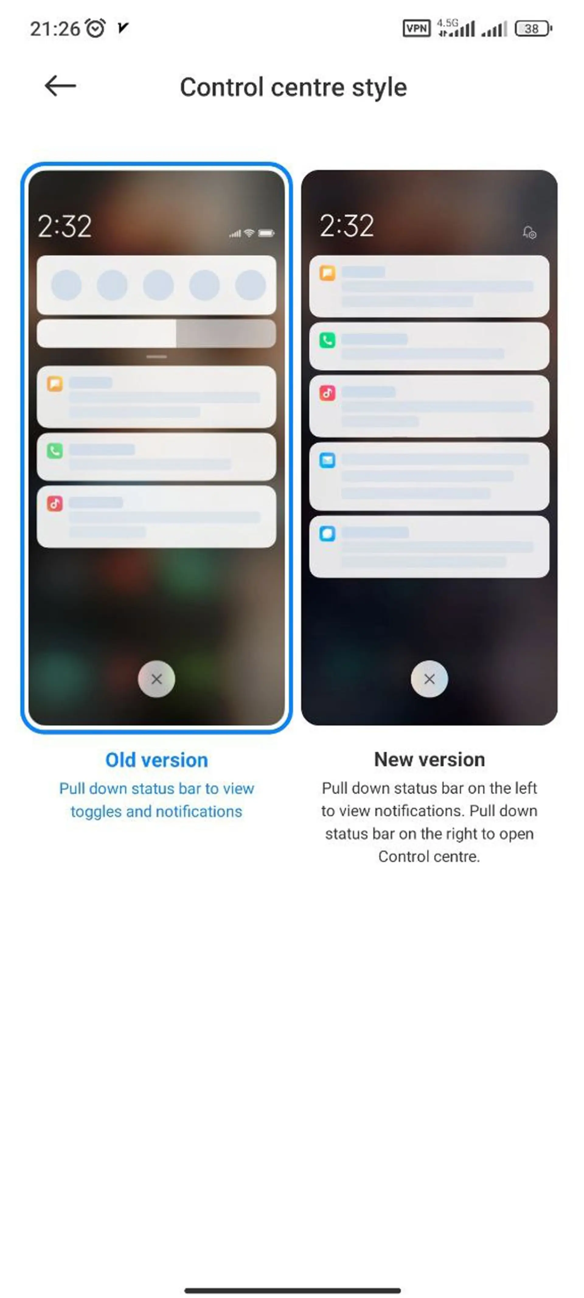 تغییر ظاهر Control centre