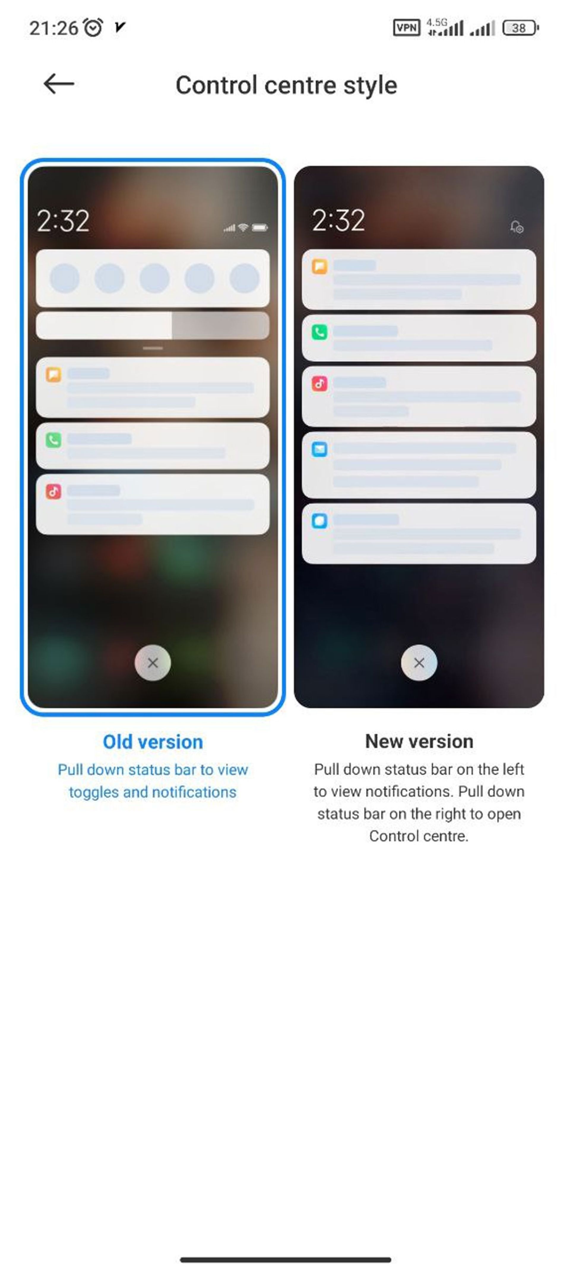 تغییر ظاهر Control centre