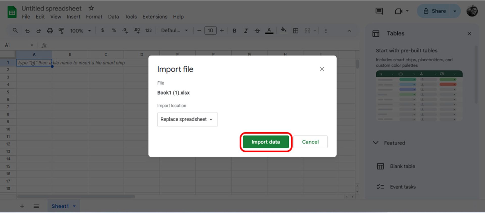 انتخاب Import data در گوگل شیت