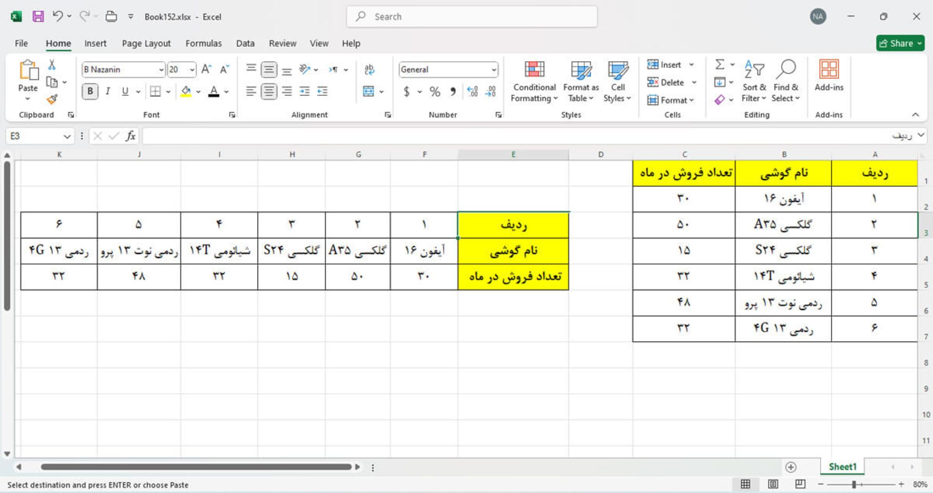 شیفت دادن در اکسل