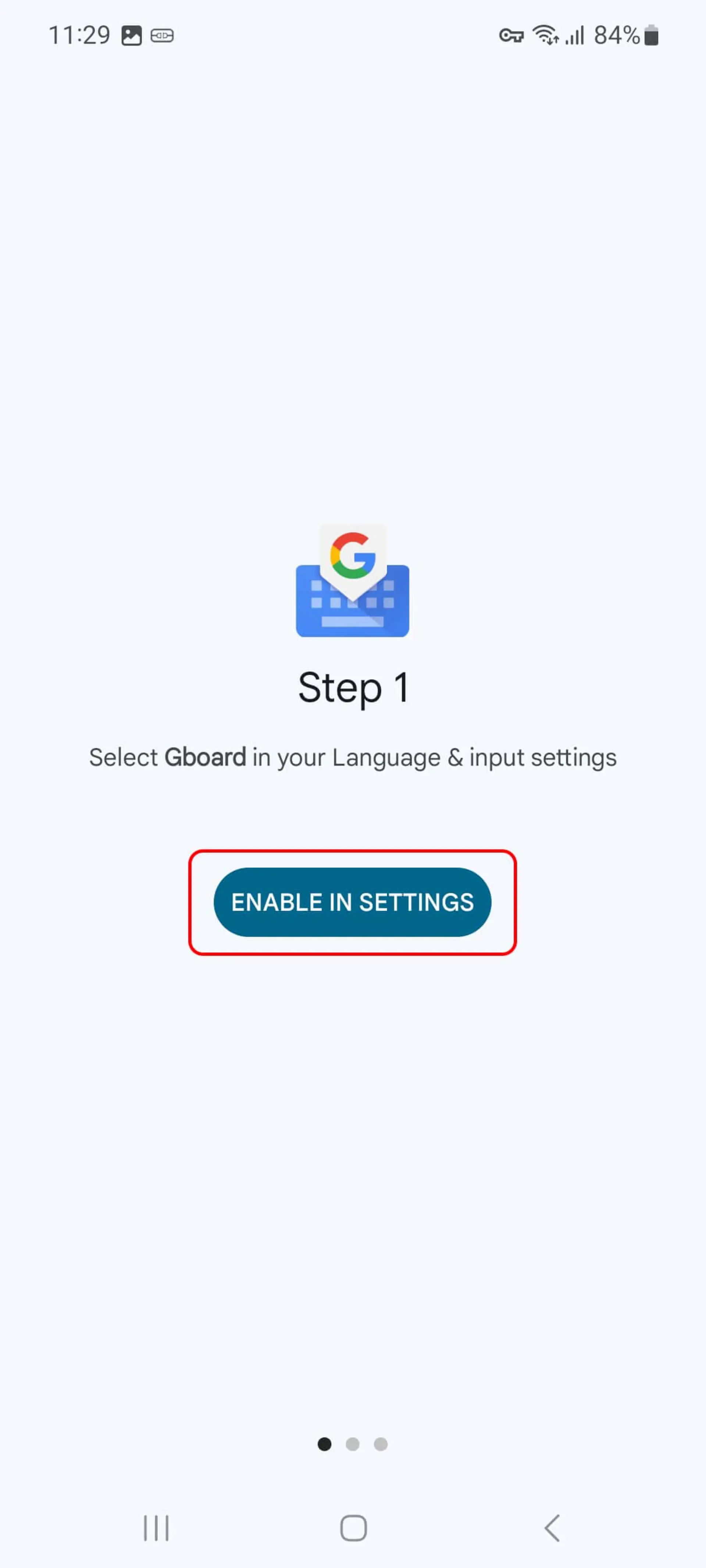 انتخاب ENABLE IN SETTINGS در اپلیکیشن gboard
