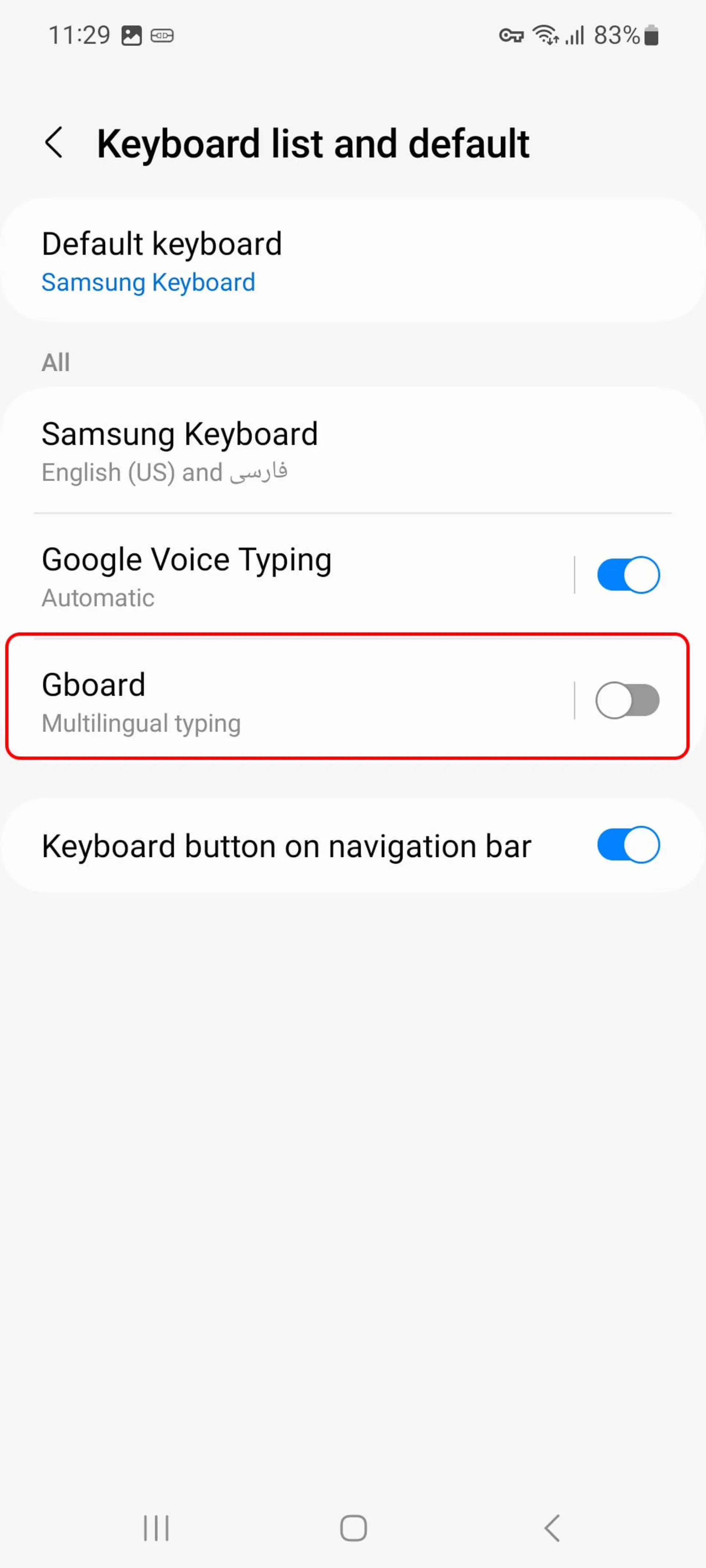 روشن کردن دکمه‌ تغییردهنده‌ وضعیت Gboard