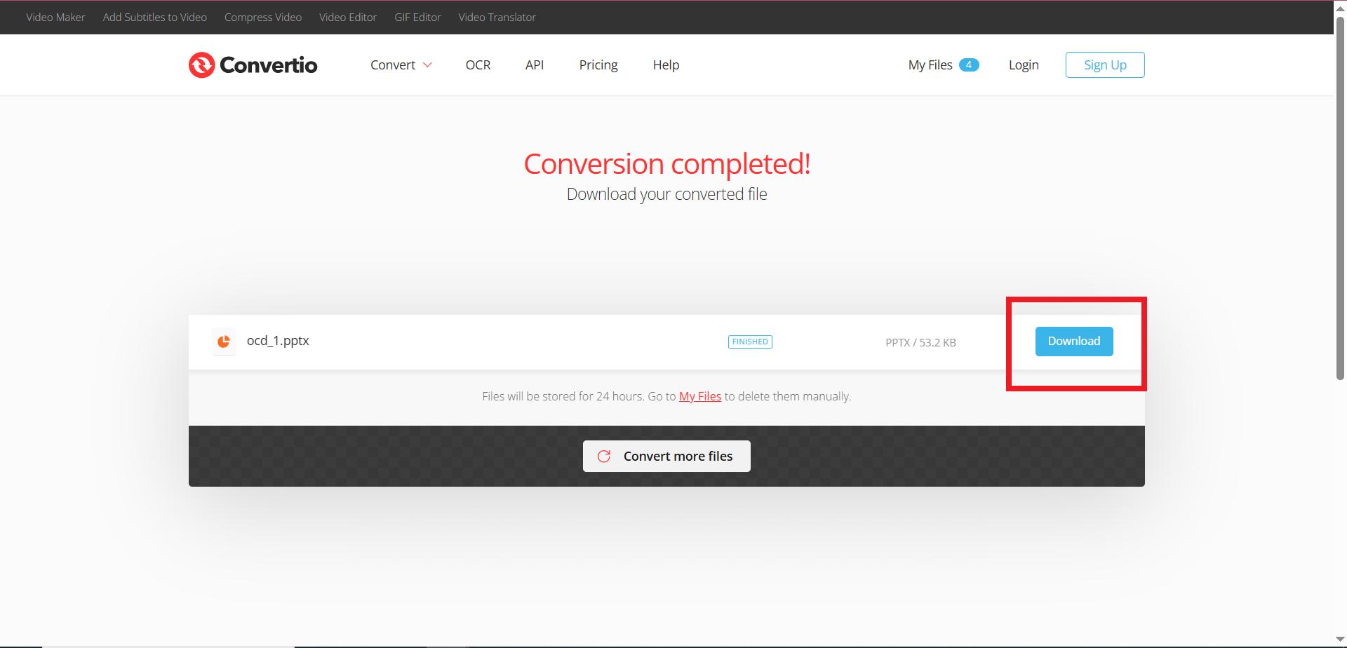 گزینه‌ی دانلود در وب‌سایت convertio
