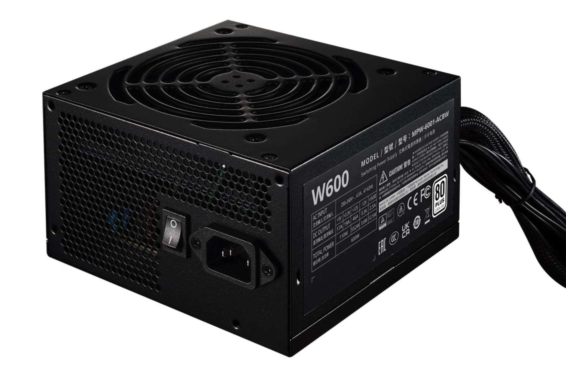 نمای نیمرخ پاور کامپیوتر کولر مستر ELITE NEX White W600 230V با توان 600 وات با نمایش درگاه و سوییچ برق