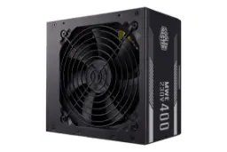 نمای نیمرخ پاور کامپیوتر کولر مستر MWE 400 WHITE 230V V2 با توان 450 وات با نمایش فن و لوگوی پنل کناری