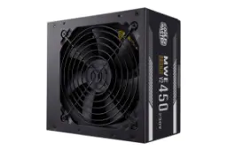 نمای نیمرخ پاور کامپیوتر کولر مستر MWE 450 BRONZE 230V V2 با توان 450 وات با نمایش فن و لوگوی پنل کناری