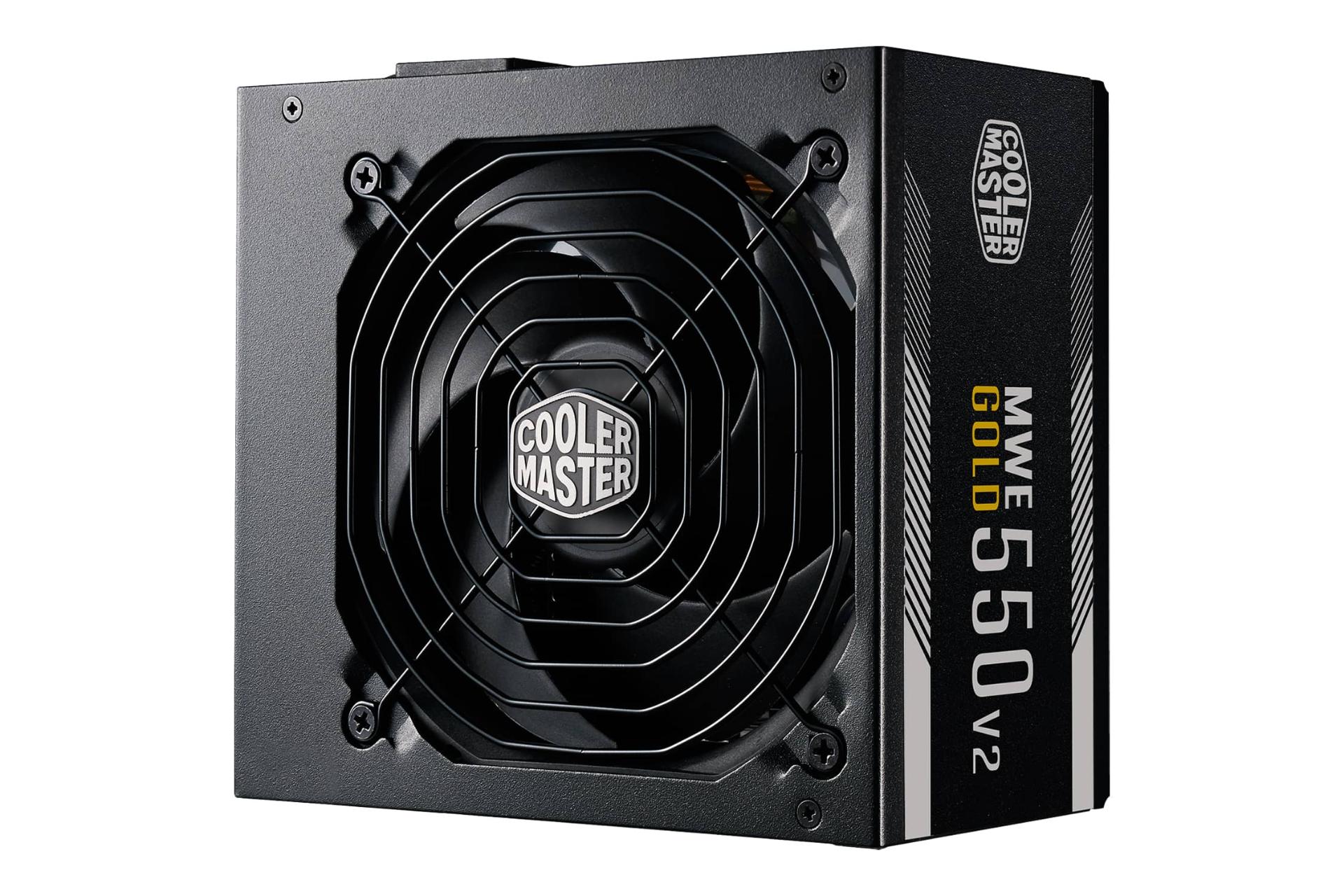 نمای نیمرخ پاور کامپیوتر کولر مستر MWE GOLD 550 V2 با توان 550 وات با نمایش فن و لوگوی پنل کناری