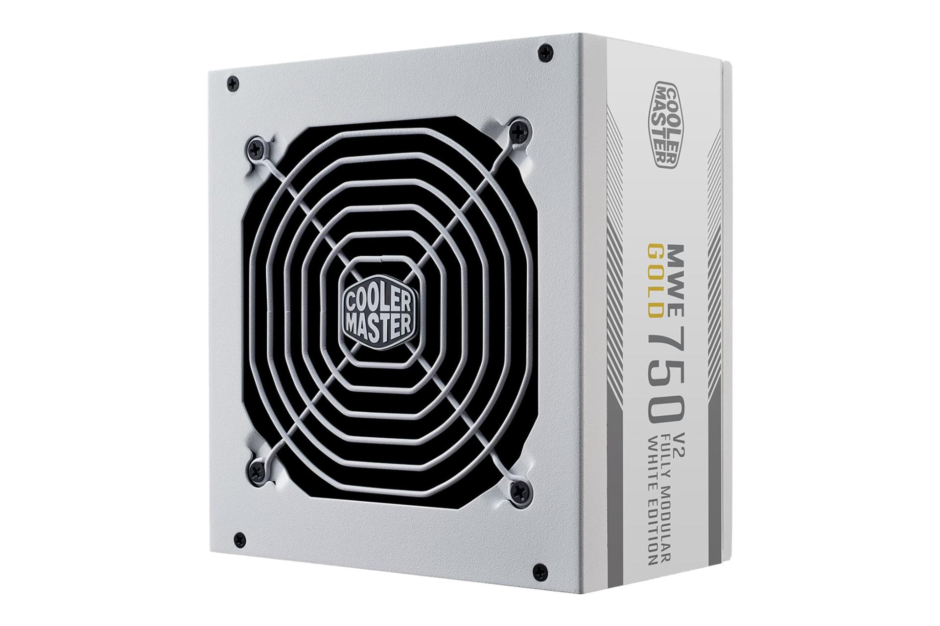 نمای نیمرخ پاور کامپیوتر کولر مستر MWE Gold 750 V2 ATX 3.0 White Edition با توان 750 وات با نمایش فن، لوگو و پنل کناری
