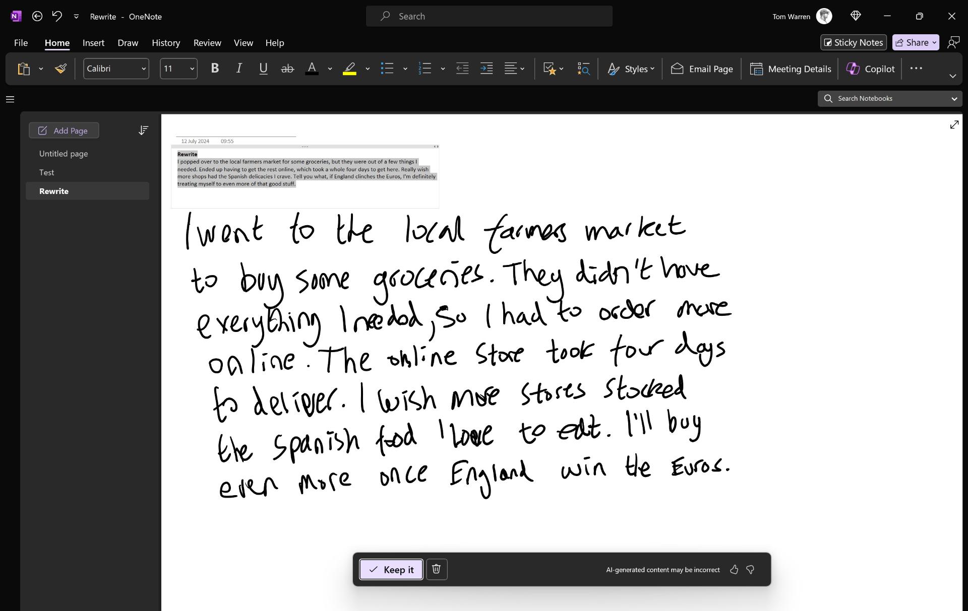 دست‌نوشته‌ی انگلیسی در اپلیکیشن OneNote