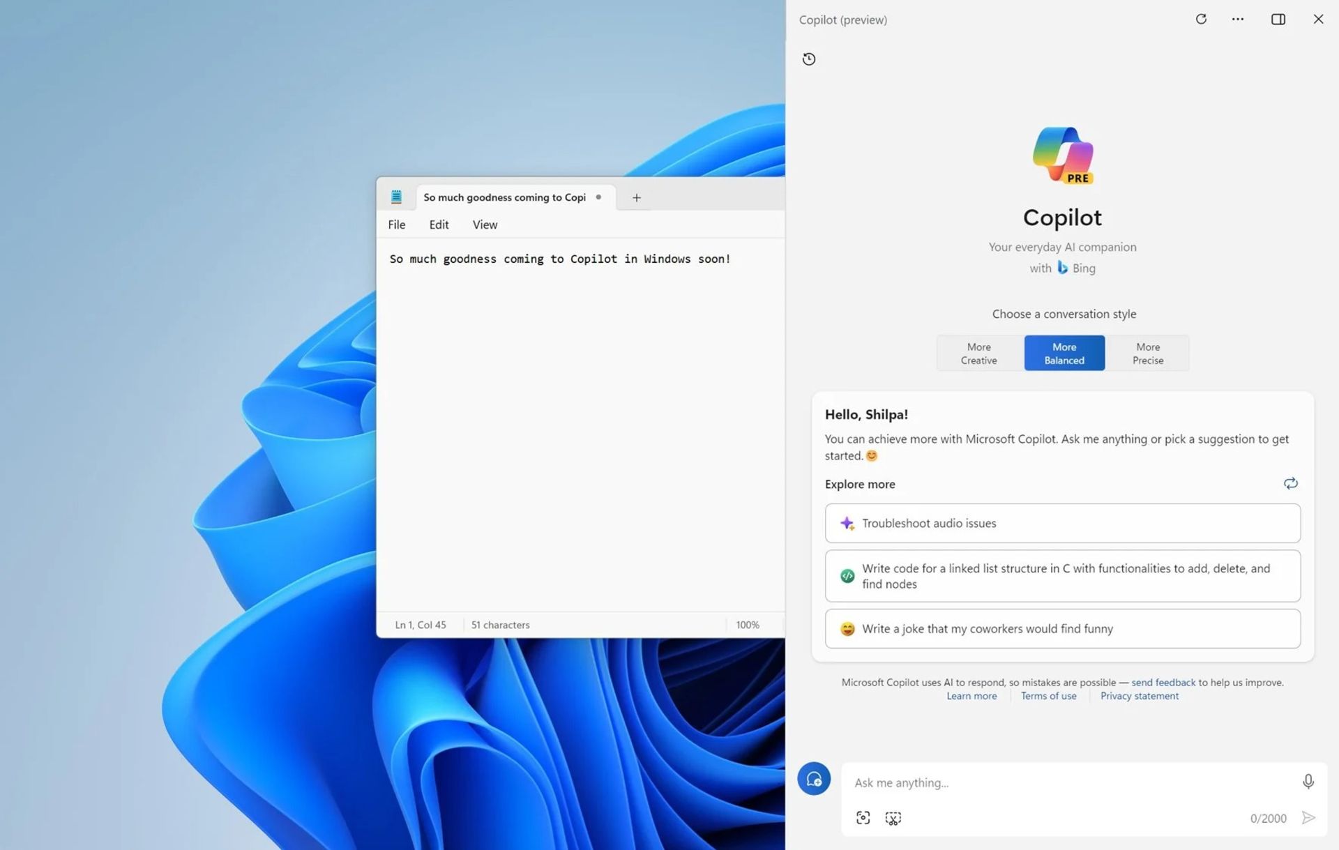 پنجره کوپایلت در ویندوز ۱۱