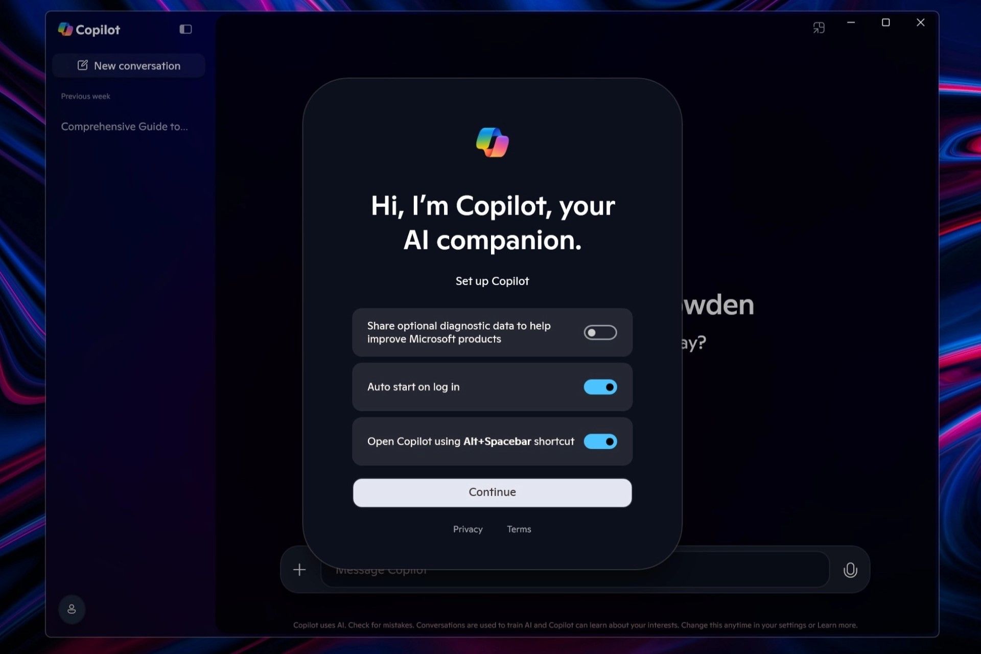 پنجره نرم افزار کوپایلت در ویندوز copilot