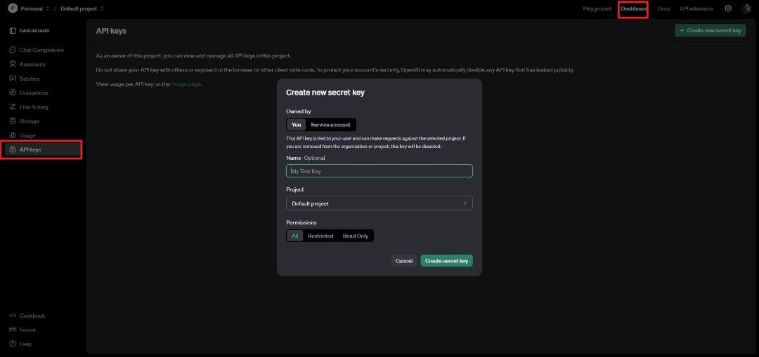 ساخت کلید API در وبسایت OpenAI