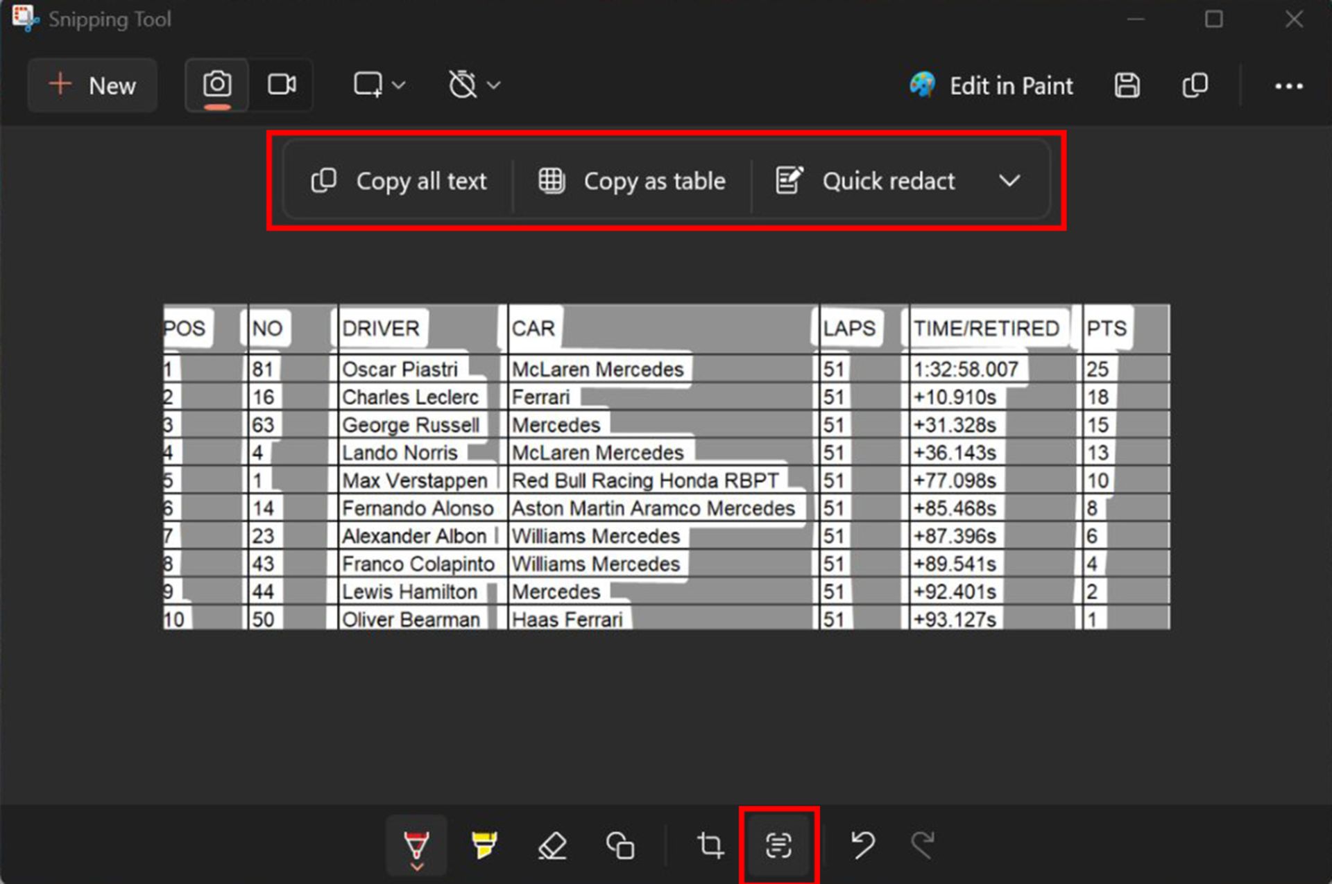 گزینه‌های قابلیت Text Actions در ابزار Snipping Tool ویندوز