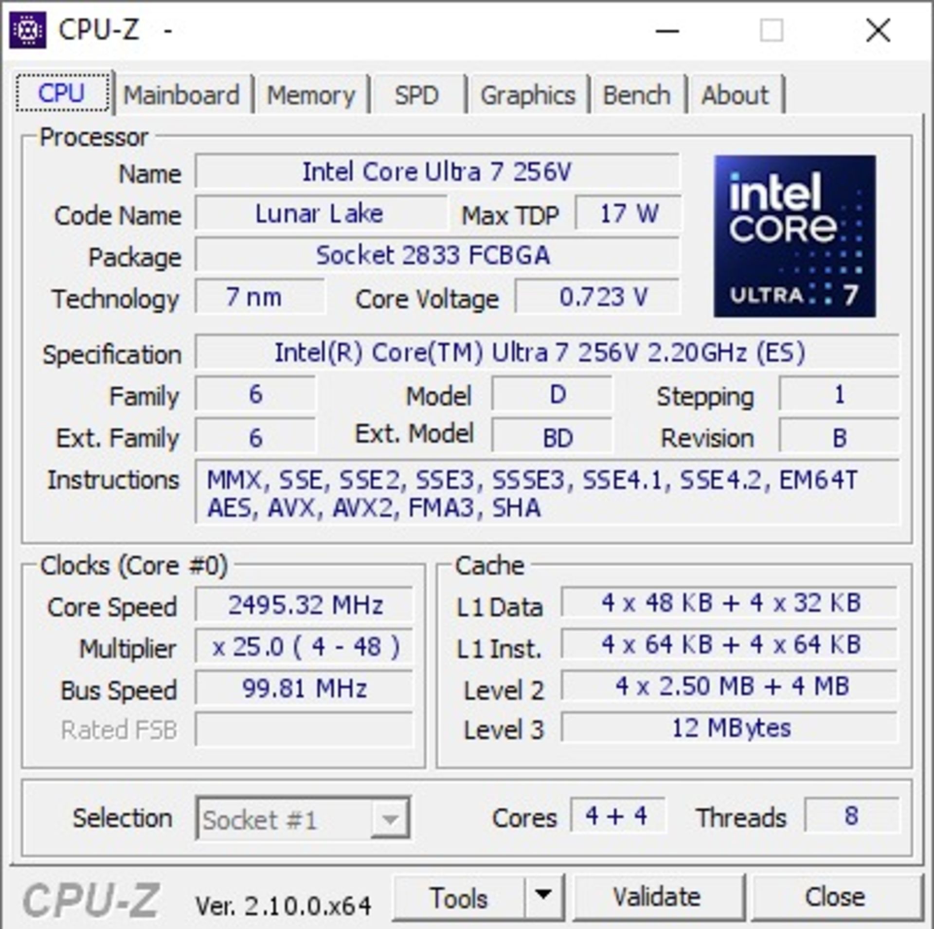 مشخصات فنی تراشه‌ی اینتل Core Ultra 7 256V