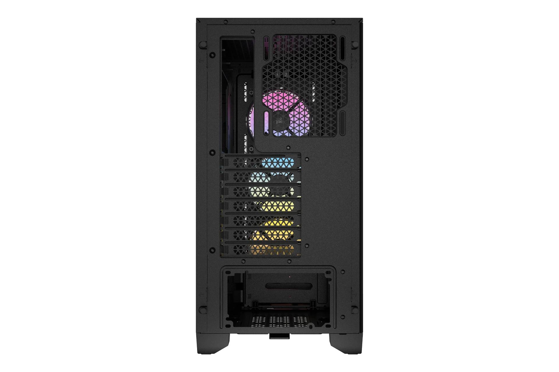 نمای پنل پشت کیس کامپیوتر کورسیر 3000D RGB AIRFLOW با نمایش اسلات های توسعه و منافذ عبور هوا رنگ مشکی