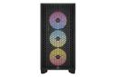 نمای پنل جلوی کیس کامپیوتر کورسیر 3000D RGB AIRFLOW با نمایش لوگوی پنل جلو و فن‌ها رنگ مشکی