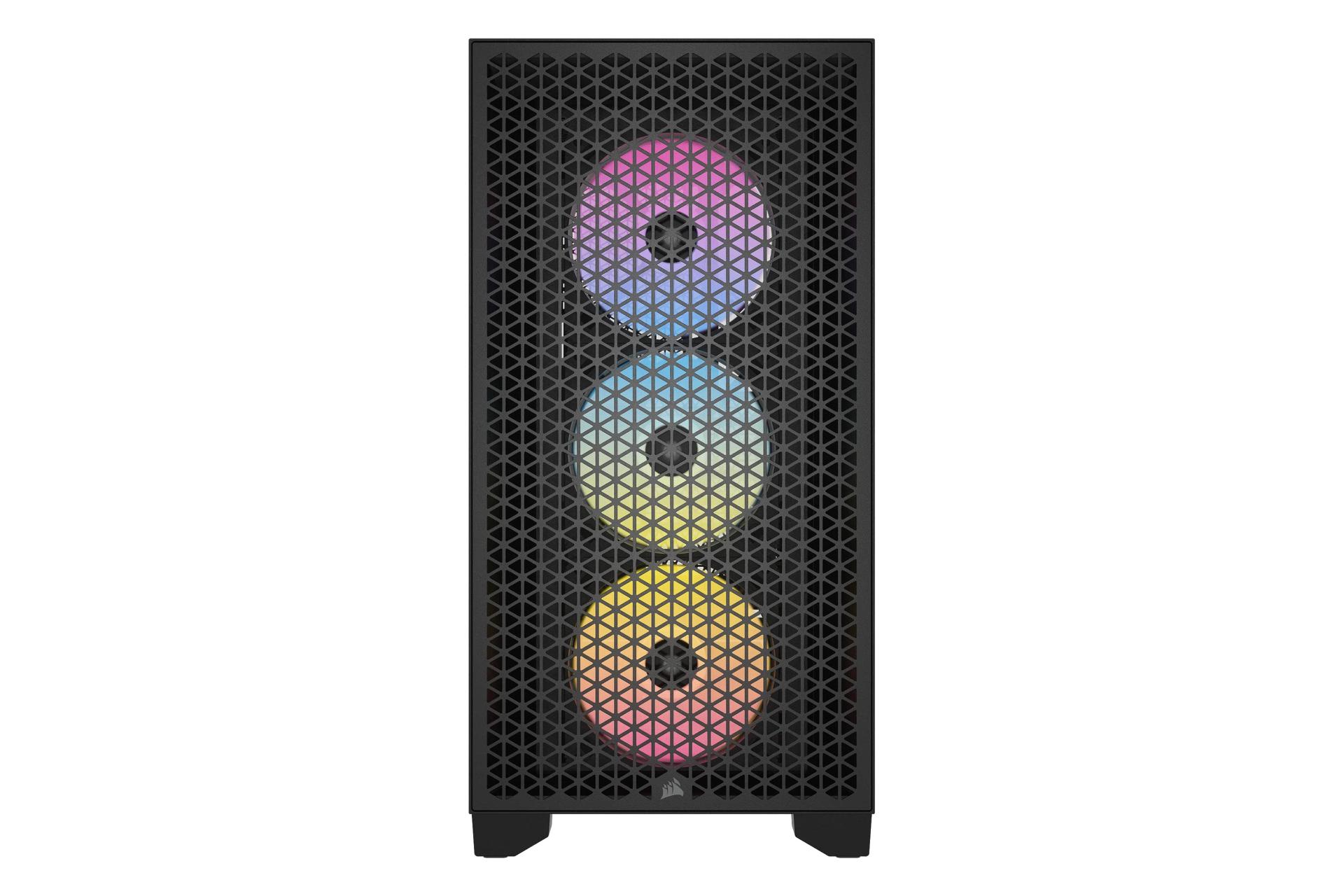 نمای پنل جلوی کیس کامپیوتر کورسیر 3000D RGB AIRFLOW با نمایش لوگوی پنل جلو و فن‌ها رنگ مشکی