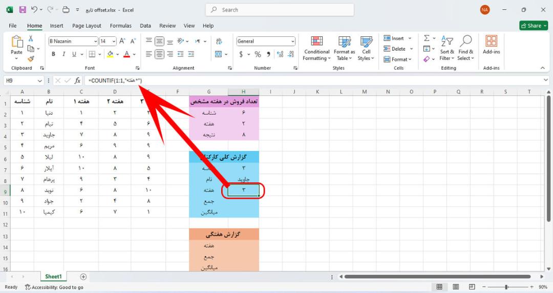 استفاده از تابع countif در اکسل برای شمارش تعداد سلول های ردیف ۱ حاوی کلمه هفته