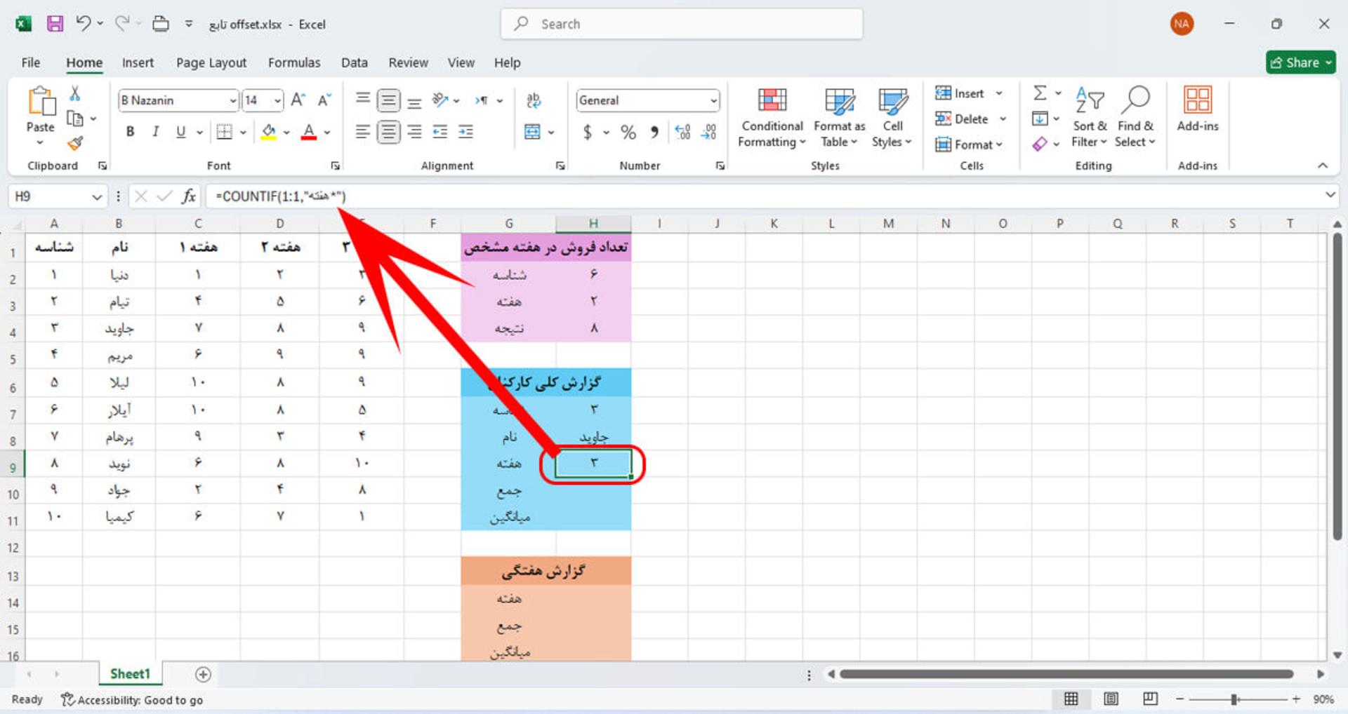 استفاده از تابع countif در اکسل برای شمارش تعداد سلول های ردیف ۱ حاوی کلمه هفته