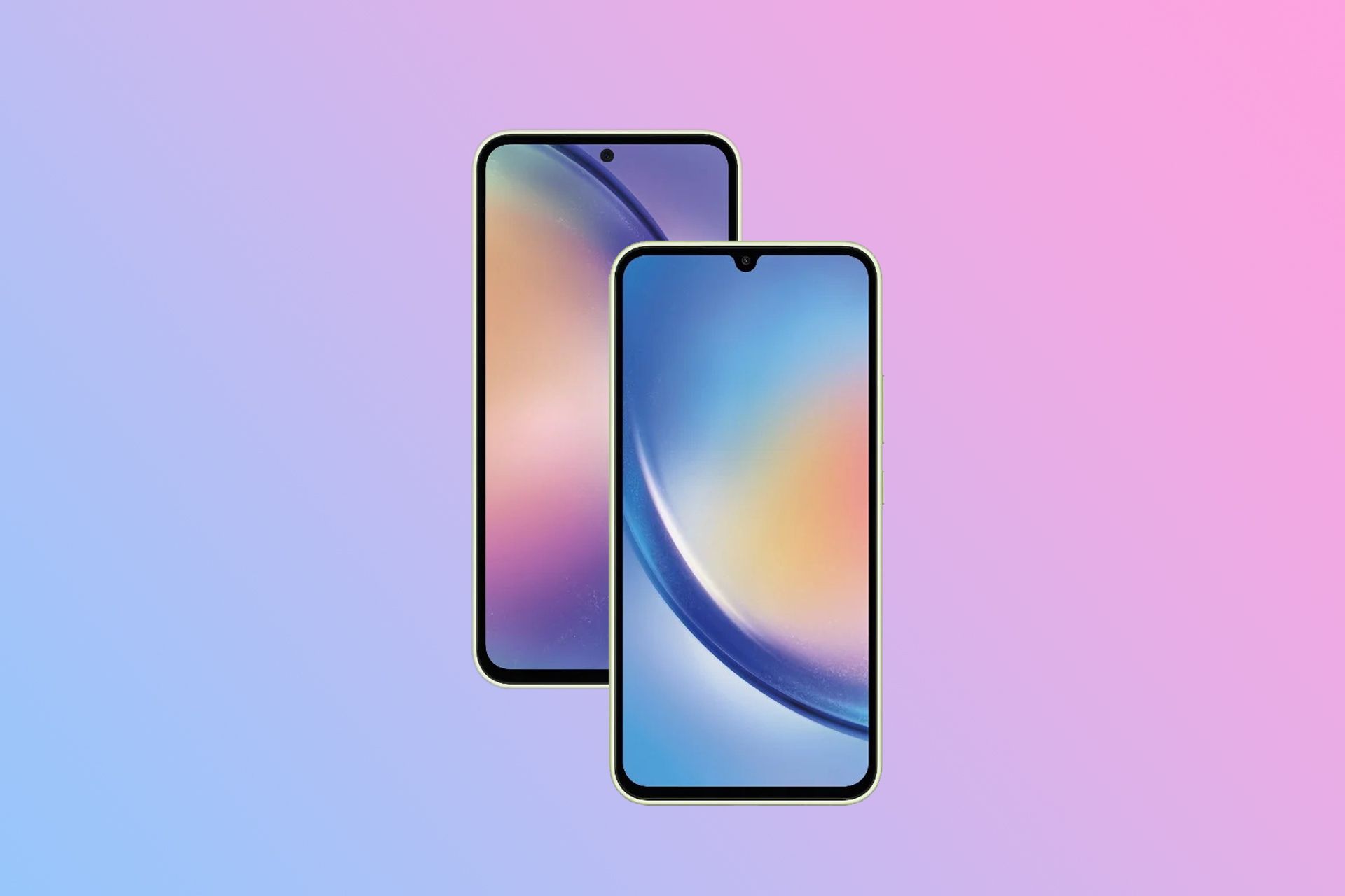 رندر گلکسی A54 و A34 روی یکدیگر درمقابل بکگراندی از رنگ های آبی و بنفش