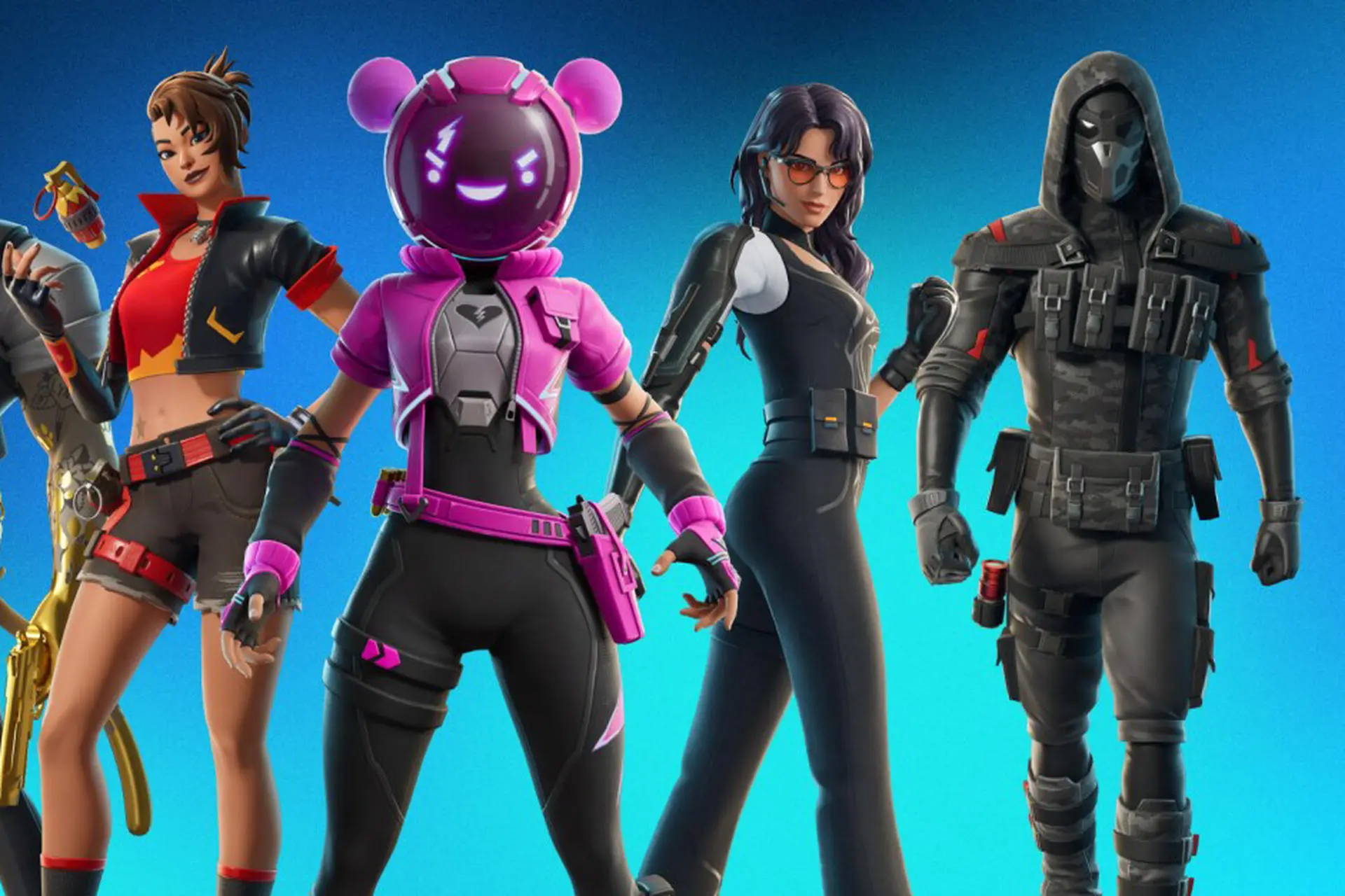 چند شخصیت بازی فورتنایت با لباس‌های رنگی