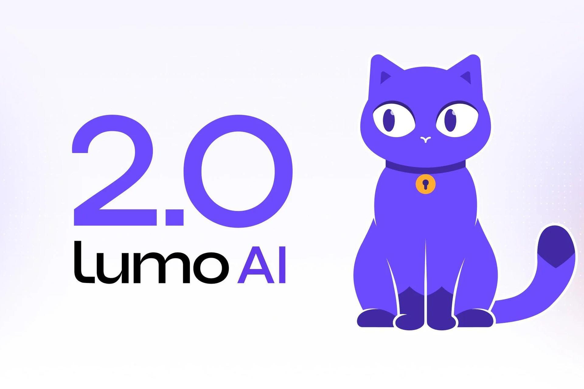 نمای کارتونی یک گربه‌ی بنفش کنار لوگو Lumo 2.0