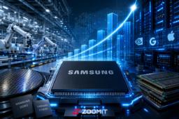 لوگو سامسونگ / Samsung روی تراشه با پس‌زمینه نمودارهای مالی