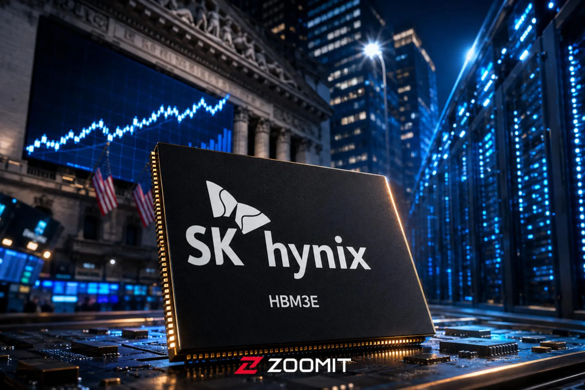 لوگو اس کی هاینیکس / SK Hynix روی یک تراشه و بازار سهام وال استریت