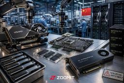نمای خط تولید در چین که در آن کارت گرافیک RTX 5090 و بردهای سرور ۱۲۸ گیگابایتی در کنار بازوهای رباتیک قرار دارند.