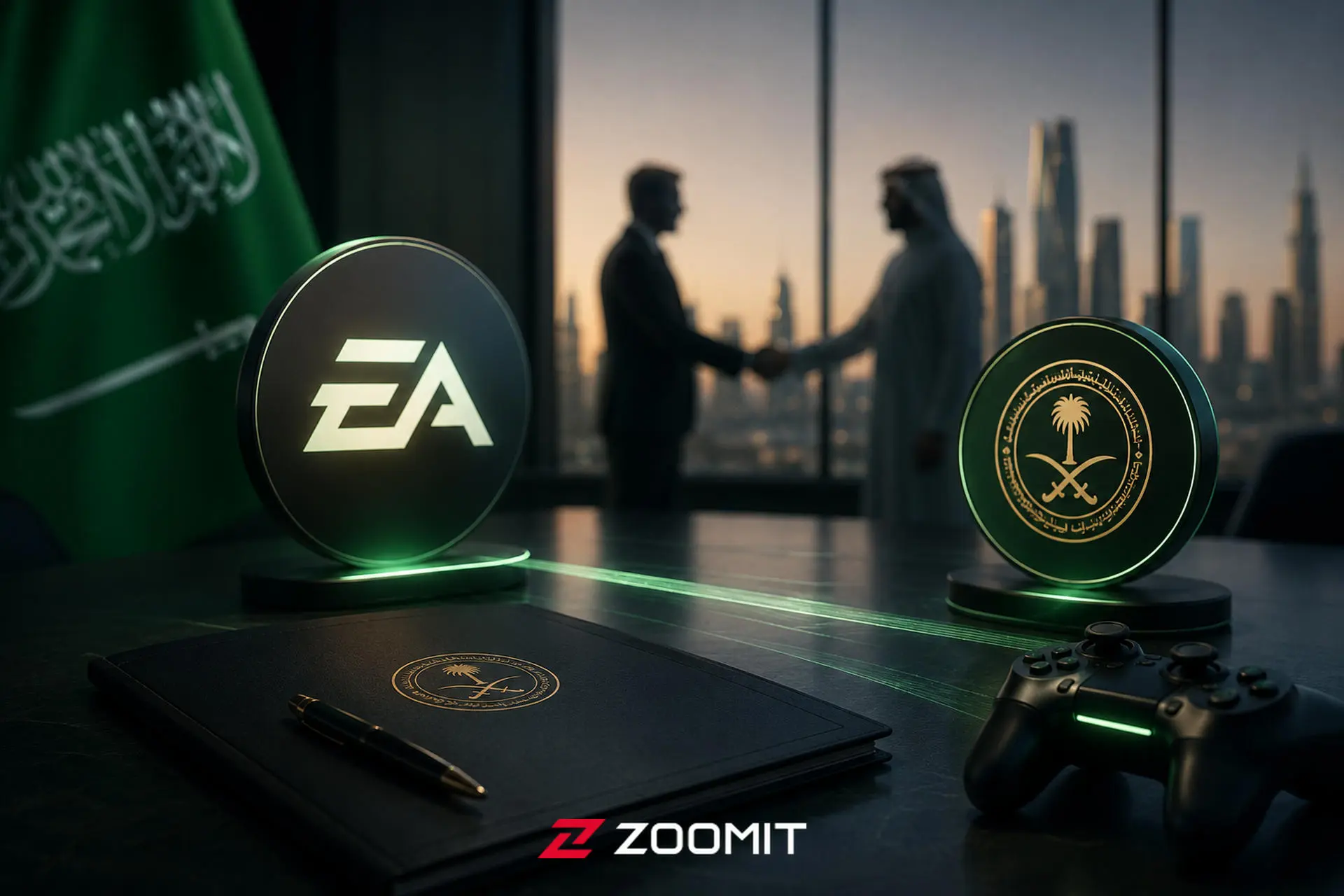 نمایی از لوگوی EA و نشان عربستان در کنار دو نفر در حال دست دادن