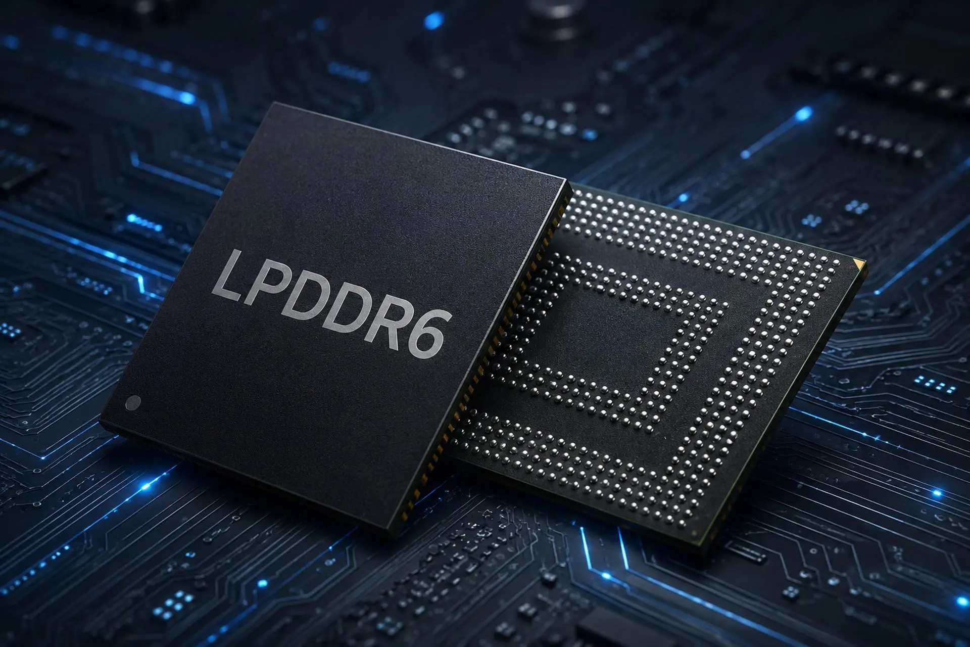 نمای نزدیک از تراشه حافظه LPDDR6 روی یک برد مدار چاپی با نورپردازی آبی