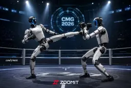 دو ربات انسان‌نمای سفید رنگ یونی‌تری در حال مبارزه و اجرای ضربه لگد در رینگ مسابقات CMG 2026 هستند