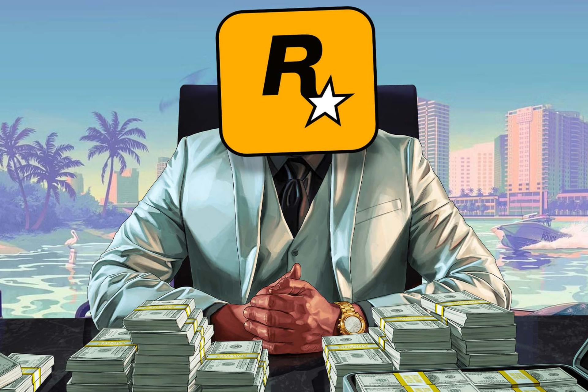 شخصیت بازی GTA با دست‌های پر از پول در کنار لوگوی Rockstar