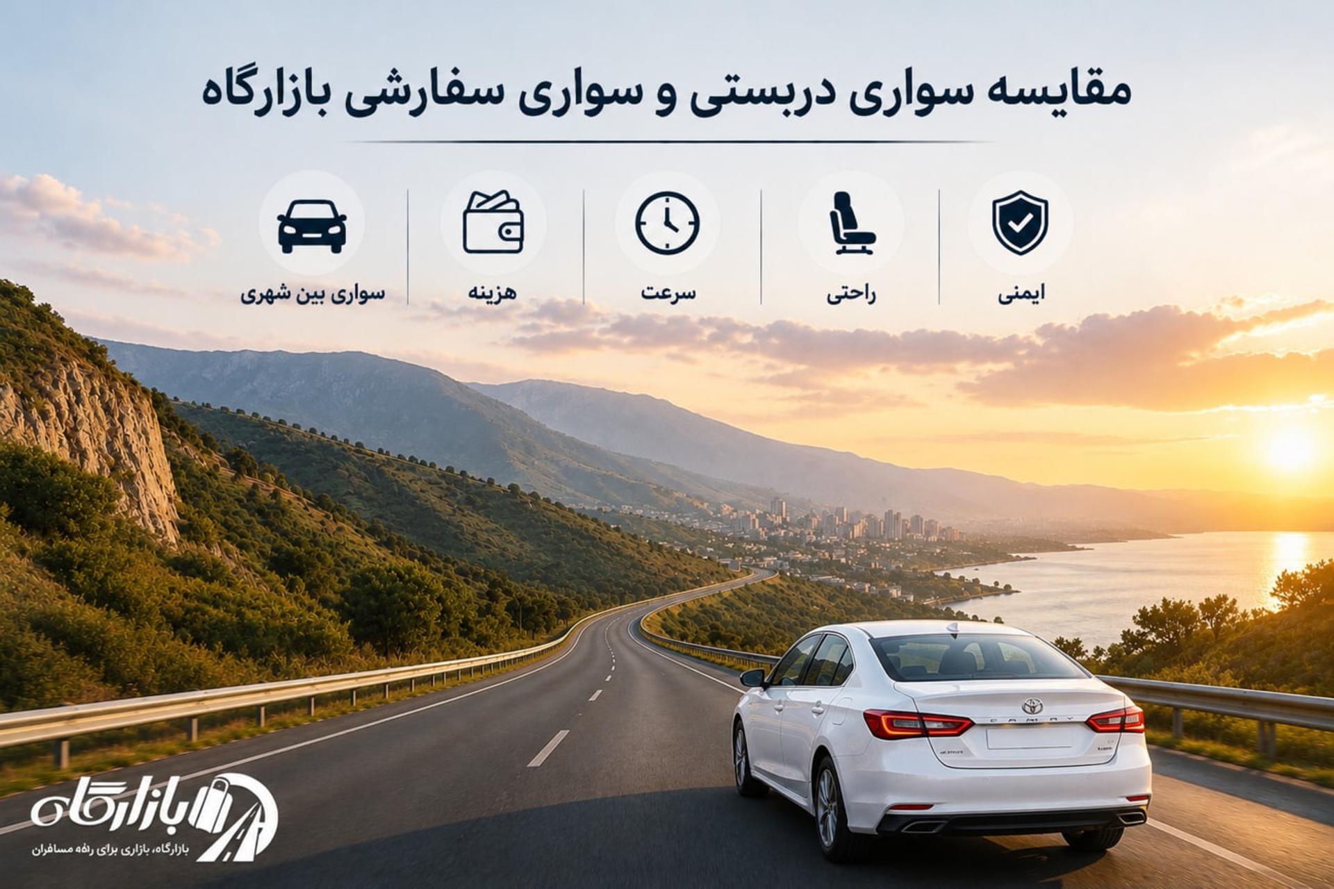 خودروی سفید در حال حرکت در جاده کوهستانی هنگام غروب