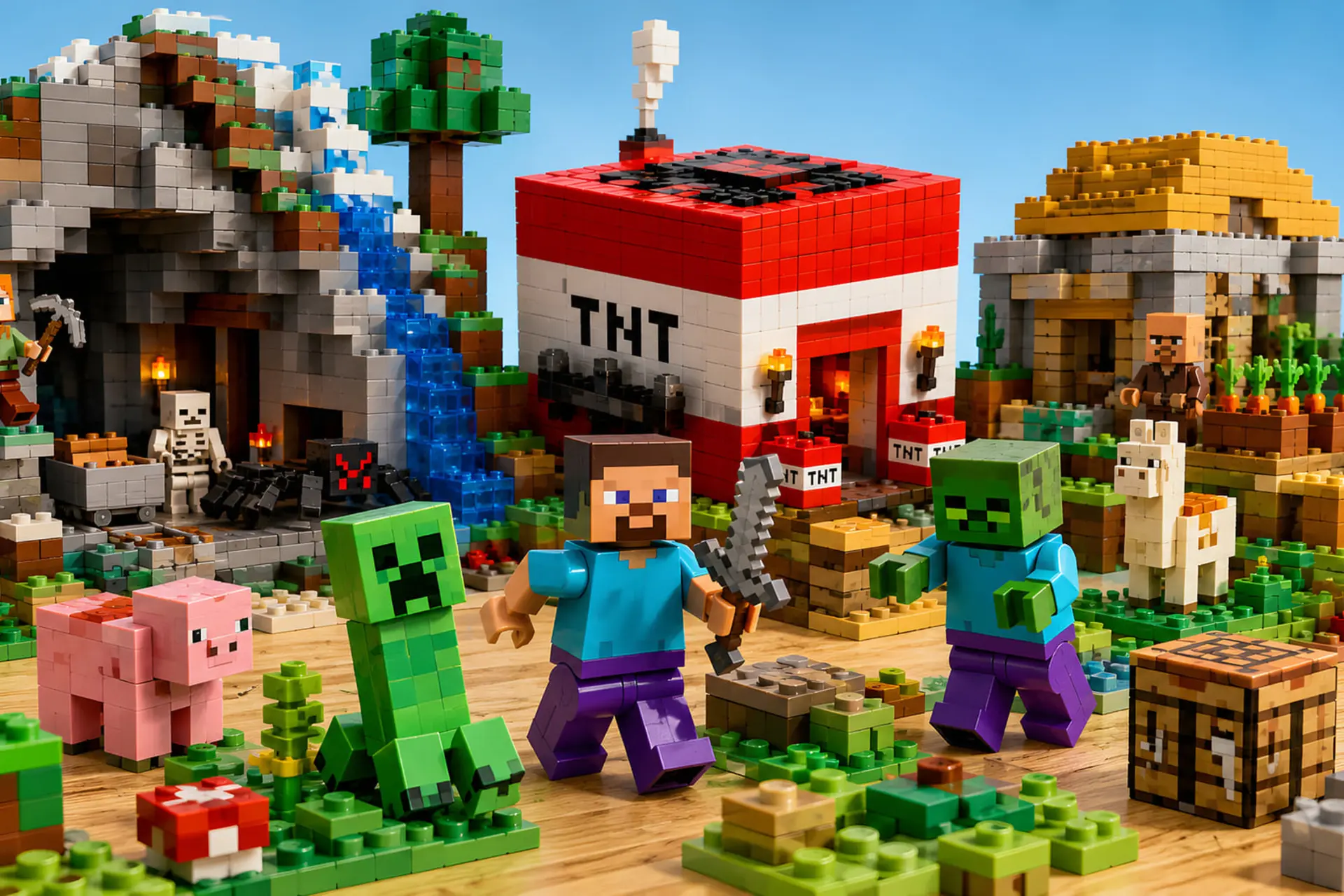 شخصیت‌های استیو (Steve)، کریپر (Creeper) و زامبی در کنار بلوک‌های لگو ماینکرفت