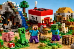 شخصیت‌های استیو (Steve)، کریپر (Creeper) و زامبی در کنار بلوک‌های لگو ماینکرفت
