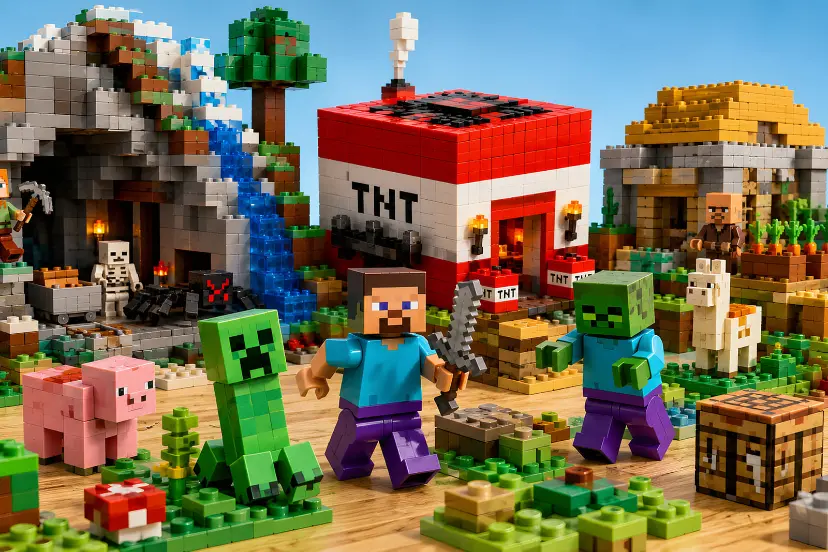 شخصیت‌های استیو (Steve)، کریپر (Creeper) و زامبی در کنار بلوک‌های لگو ماینکرفت